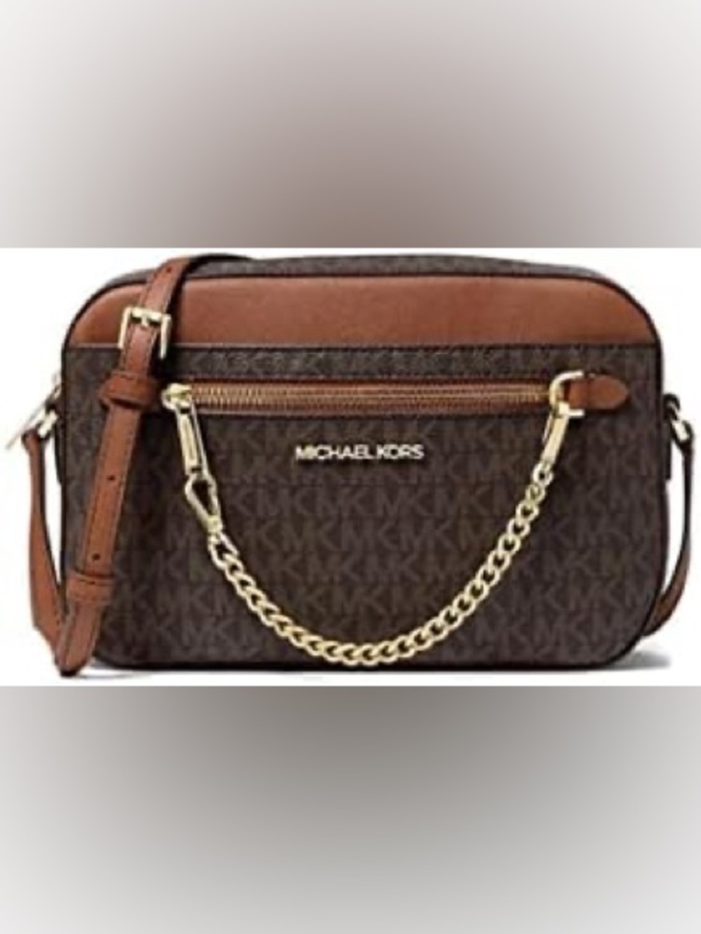 Michael Kors Brown and Tan Signature Crossbody with Gold Chain Accent